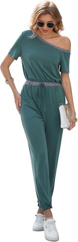 Women's Off Shoulder Jumpsuit Stretchy Airport Outfits Jogger Pants Jumpsuit with Pocket S-2XL in Saudi Arabia