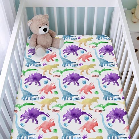 Colorful Dinosaur Baby Crib Sheets for Boy Girl 52"x28" Dinosaur Soft Fitted Baby Sheet for Standard Crib and Toddler Mattress Dinosaur Rainbow Infant Newborn Nursery Bedding Sheet Crib Mattress Sheet in Kuwait