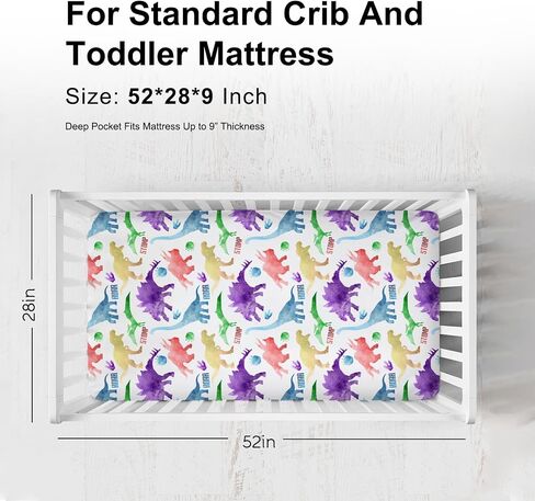 Colorful Dinosaur Baby Crib Sheets for Boy Girl 52"x28" Dinosaur Soft Fitted Baby Sheet for Standard Crib and Toddler Mattress Dinosaur Rainbow Infant Newborn Nursery Bedding Sheet Crib Mattress Sheet in Kuwait