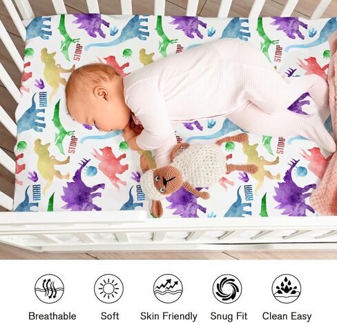 Colorful Dinosaur Baby Crib Sheets for Boy Girl 52"x28" Dinosaur Soft Fitted Baby Sheet for Standard Crib and Toddler Mattress Dinosaur Rainbow Infant Newborn Nursery Bedding Sheet Crib Mattress Sheet in Kuwait