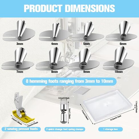 12 قطعة قدم حاشية ملفوفة للخياطة، مجموعة قدم حاشية ملفوفة للخياطة العالمية، قدم حاشية ملفوفة، 3/4/5/6/7/8/9/10 مم + 2 × مشبك قدم زنبركي + 2 × ماكينة خياطة عالمية قدم ضاغط حاشية بلاستيكية ملفوفة in Kuwait