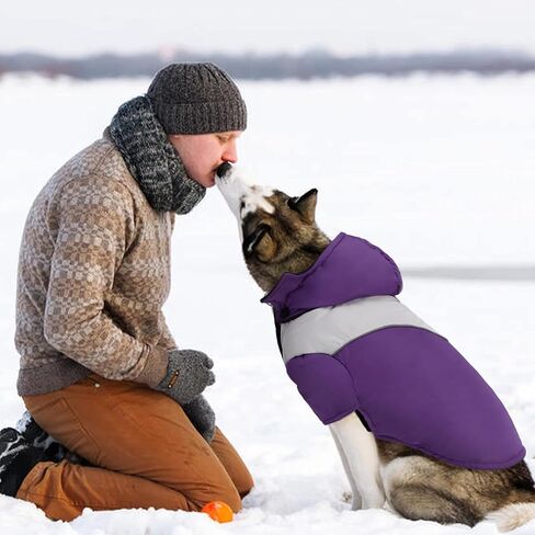 Kuoser Dog Winter Coat with Hood, Windproof & Snowproof Pet Fleece Lined Warm Jacket, Reflective Puppy Thick Cold Weather Vest Outdoor Padded Clothes with Harness Hole for Small Medium Large Dogs in Saudi Arabia