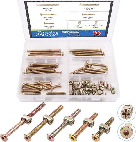 Glarks 100 قطعة مطلي بالزنك M6 x 40/50/60/70/80 مم براغي غطاء رأس مقبس سداسي ومسامير سرير الأثاث مع مجموعة متنوعة من صواميل البرميل in Kuwait