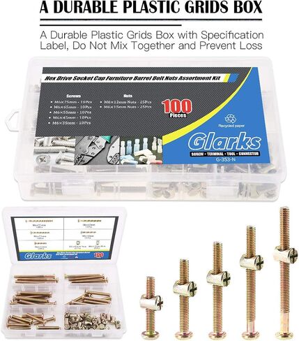 Glarks 100 قطعة مطلي بالزنك M6 x 40/50/60/70/80 مم براغي غطاء رأس مقبس سداسي ومسامير سرير الأثاث مع مجموعة متنوعة من صواميل البرميل in Kuwait
