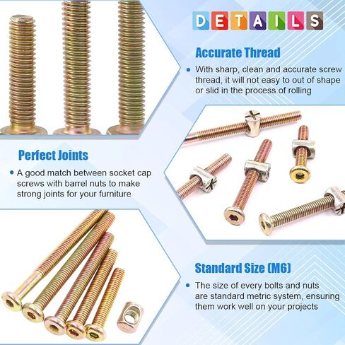 Glarks 100 قطعة مطلي بالزنك M6 x 40/50/60/70/80 مم براغي غطاء رأس مقبس سداسي ومسامير سرير الأثاث مع مجموعة متنوعة من صواميل البرميل in Kuwait