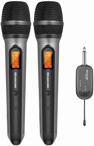 نظام ميكروفون لاسلكي Alvoxcon، ميكروفون ديناميكي مزدوج UHF محمول باليد لـ PA، مكبر للصوت، ستيريو، كاريوكي، مؤتمر، DJ، تسجيل صوتي، الكنيسة، أداء على المسرح، أحداث الحفلات (قابس 1/4 بوصة) in Kuwait