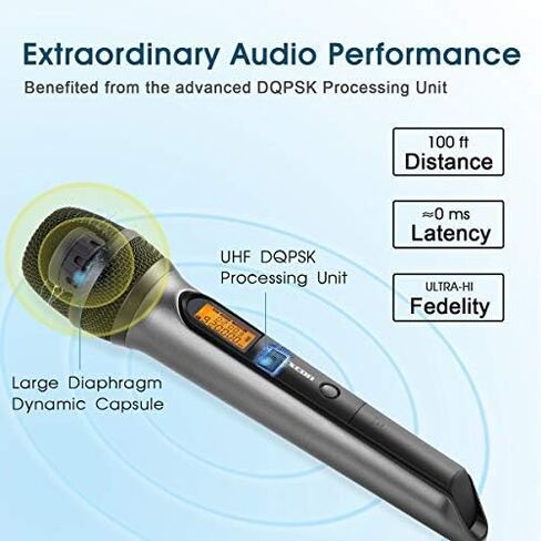 نظام ميكروفون لاسلكي Alvoxcon، ميكروفون ديناميكي مزدوج UHF محمول باليد لـ PA، مكبر للصوت، ستيريو، كاريوكي، مؤتمر، DJ، تسجيل صوتي، الكنيسة، أداء على المسرح، أحداث الحفلات (قابس 1/4 بوصة) in Kuwait