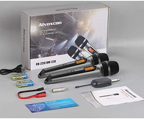 نظام ميكروفون لاسلكي Alvoxcon، ميكروفون ديناميكي مزدوج UHF محمول باليد لـ PA، مكبر للصوت، ستيريو، كاريوكي، مؤتمر، DJ، تسجيل صوتي، الكنيسة، أداء على المسرح، أحداث الحفلات (قابس 1/4 بوصة) in Kuwait