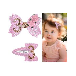 Glitter Birthday Pink Bow Flower Hair Clips Baby Girl 3rd Birthday Bow Hair Barrettes Hair Accessories.(FJ109) (3rd Birthday Bow)