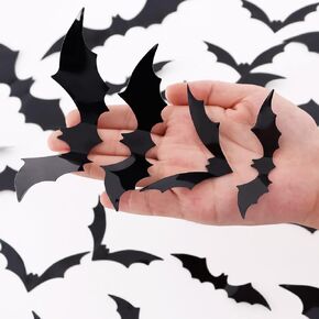 Halloween Wall Bat Decor, 120 Pcs Black Fake Plastic Bat Stickers for Halloween Room Decor, 4 Different Sizes Waterproof 3D Realistic Bat for Home Window Halloween Party Decoration