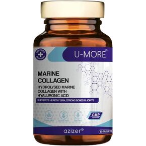U-MORE Hydrolyzed Marine Collagen with Hyaluronic Acid Rich Formula Vitamin C, Glutathione, Selenium, Biotin, B12 for Hair, Skin, Nails & Joints 60 Tablets