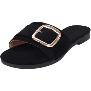 OYOANGLE Women's Buckle Suede Slide Sandals Dressy Summer Open Toe Flat Sandal Comfortable Shoes