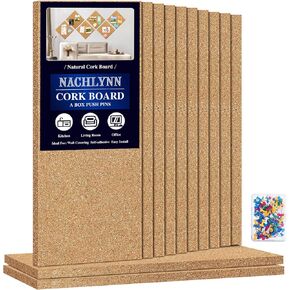 NACHLYNN Cork Board 12 Pack 12 x 12 Self-Adhesive Corkboards for Wall Square Bulletin Board with 100 Push Pins Frameless Cork Tiles for Walls Home Office