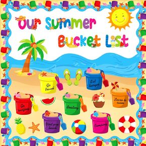 57 Pcs Summer Bulletin Board Decorations Set Our Summer Bucket List Classroom Decor Hawaii Sun Beach Bucket Paper Cutouts with Borders for Home School Hawaiian Tropical Party Supplies