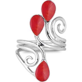 AeraVida Floral Vine Ornate Teardrop Reconstructed Red Coral Sterling Silver Ring | Classic Wedding Rings For Women | Casual Comfort Fit Silver Rings for Women | Gift for Daughter | Sterling Silver Rings Sizes (6-9)