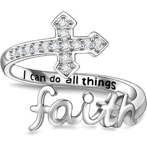 Cross Faith Ring for Women - 925 Sterling Silver Inspiration Ring Christian Faith Jewelry Sacred Purity Cross Ring with Religious Faith Adjustable