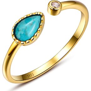 14k Gold Plated Turquoise Ring 925 Sterling Silver Feather Ring Adjustable Open Ring with Turquoise Birthday Rings Gift for Women Size 6-11