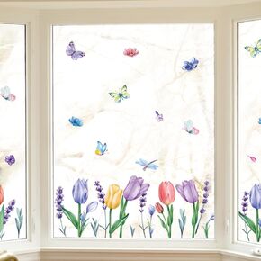 56 PCS Hello Spring Window Cling Sticker, Tulip Butterfly Flower Window Decal for Home Party Supplies Shop Window Glass Display Decoration