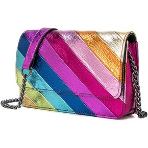 Rejolly Rainbow Stripe Crossbody Shoulder Bag for Women Color Blocking PU Leather Colourful Flap Purse with Chain Strap