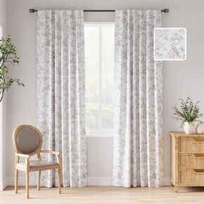 jinchan 100% Blackout Floral Curtains 63 Inches Long, Printed Flower Black on Ivory Blackout Curtains for Bedroom Rod Pocket Back Tab Full Blackout Curtains Thermal Insulated Window Drapes, 2 Panels