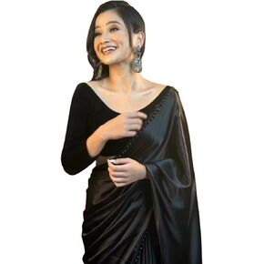 Women's Ready to Wear Satin Silk 1 Minute Pre Pleated Indian Black Saree With Unstiched Blouse