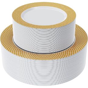 FOCUSLINE 102Pcs Disposable Plastic PlatesGold Grid Rim Party Plates, 51Pcs 10 Inch Dinner Plates and 51Pcs 7 Inch Dessert Plates, Elegant Fancy Heavy Duty Wedding Plates