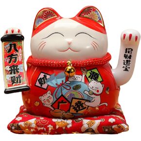 Lucky Statue Cat Figurines Chinese Cat Waving Arm Maneki Neko Ceramic Japanese Money Fortune Cat Gift Decorations for Store Company Opening(YS6501)
