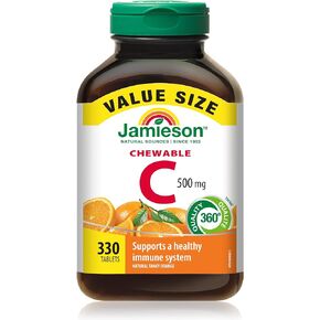 Jamieson Chewable Vitamin-C 500mg Value Supplement Pack(330 Count), Tangy Orange, Imported from Canada)