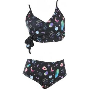 MEOWCOS Women Bikini Set Print Knot Side Bikini Swimsuit Front Chest Tie Left Right Asymmetric Swimsuit Suit