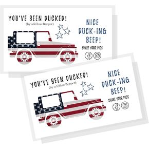You've Been Ducked Card | 50 Pack | Duck Duck Tag 3.5 x 2 inch Business Card Size | Attach to Rubber Ducks American Flag SUV design (JEEP-B-W-151)