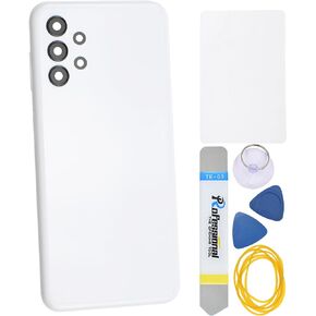 White Plastic Back Panel Cover Replacement for Samsung Galaxy A13 with Rear Camera's Frame Rear Camera's Glass Cover Volume Button and Installation Instruction Tool Kit