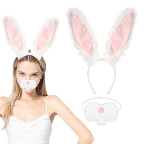 Bunny Ears Headbands Plush Fabric Bunny Nose Furry Rabbit Ear Headband Set Easter Party Prom Cosplay Supplies Halloween Costume Acessory for Women(White+Pink)