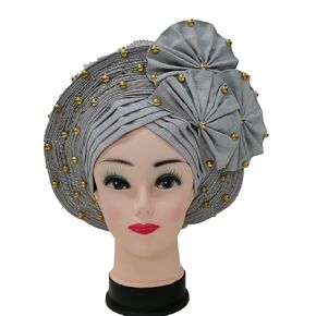 Already Made ASO Oke Gele Headties with Beads Nigerian Auto Gele Headtie African Head Wrap Turban for Women Fashion Headbands(Black)