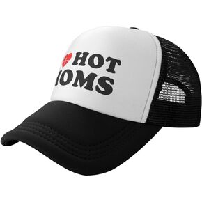 I Love Heart Hot Moms Funny Adjustable Mesh Trucker Hat for Adults Unisex Classic Hats Fishing Caps Black