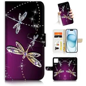 for iPhone 15 Art Designed Flip Wallet Style Cover Case Fancy Flower Full Body Protection AD003 (#24886 Purple Rose Flower)