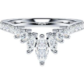 THELANDA Marquise & Round Genuine Moissanite or Simulated Diamond Sterling Silver Slight V Shape Crown Matching Ring Wedding Band