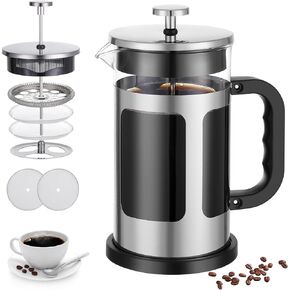 French Press Coffee Maker -21oz Stainless Steel with Borosilicate Glass Heat Resistant 4 Level Filtration System for Brew Coffee & Tea Dishwasher Safe,Travel Coffee Presses