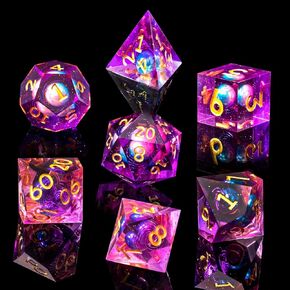 DND Galaxy Dice Set, Star Trails Core Sharp Edge Handmade Dice with Gift Box 7 PCS for Role Playing Dungeons and Dragons Ttrpg, RPG Polyhedral Resin Dice (BlackBlue)