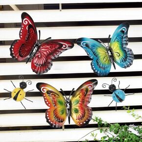 5pcs of Set 9.5'' Large Metal Butterfly Wall Decor Hanging Outdoor Metal Decorative Ladybug Wall Art Decor Butterflies Decoration for Patio,Yard,Living Room,Bedroom,Garden,Outside Fence,Home,Backyard