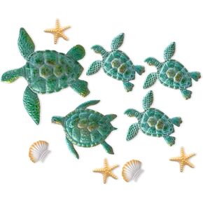 10 Pieces Sea Turtle Wall Decor 3D Ocean Turtle Starfish Ornaments Shell Wall Ornaments Beach Theme Wall Art Decorations for Indoor Outdoor Garden Wall (Aqua)