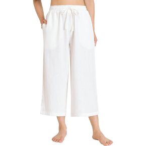 Weintee Women's Linen Capris Wide Leg Cropped Pants with Pockets