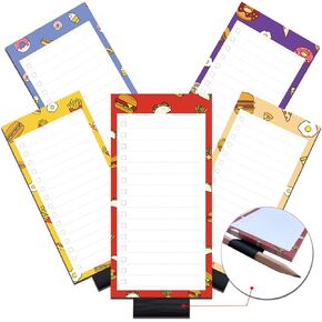 5 Pack Magnetic Notepads with Pen Holder for Fridge, Full Magnet Back Notepad, To Do List, Grocery Shopping, Fast Food Theme, 6 x 3 Inches, 50 Sheets, Memo Pad for Fridge, Locker, File Cabinet, etc