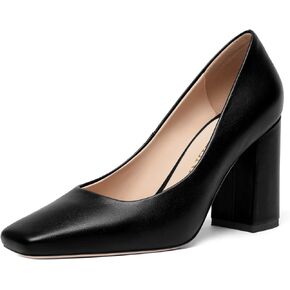 Womens Casual Solid Square Toe Business Slip On Matte Leather Block High Heel Pumps Shoes 3.34 Inch