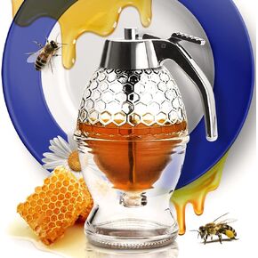 Honey Dispenser – No Drip Glass with Stand – Honey Jar – Clear Glass Honey Container with Dipper 8 Oz – Maple Syrup Dispenser – Honey Pot with Stand – Honey Bottle with Flip Top Lid