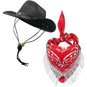 Black Cowboy Hat set for Dog Cat, Pet Hat with Bandana Accessory for Halloween Western Birthdays Party