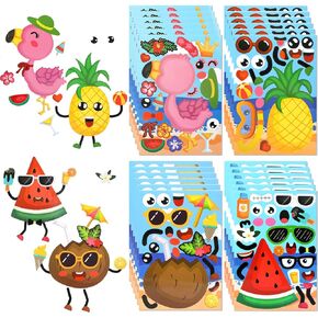 24PCS Hawaii Make a face Sticker Sheets, Make Your Own Pineapple Flamingo Stickers, 24pcs Tropical Luau Craft Project for Kids, Summer Beach Mix and Match Stickers, Hawaiian Party Favors for Boy Girls