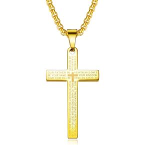 Stainless Steel Lord's Prayer Necklace for Men Women Cross Pendant for Car Rear View Mirrors, Decorative Automobile Hanging Charm Ornament with Bible Verse