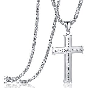 Rehoboth Bible Verse Cross Pendant Necklaces for Girls Boys Men Women Philippians 4:13 Strength Bible Verse I CAN DO ALL THINGS Stainless Steel 24 Inch Chain