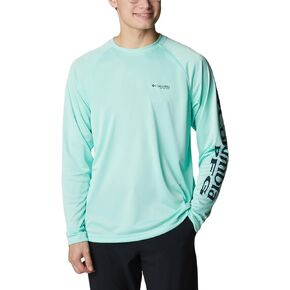 Columbia Men's Terminal Tackle Heather Long Sleeve Shirt, Mint Cay Heather/Collegiate Navy Logo, X-Small