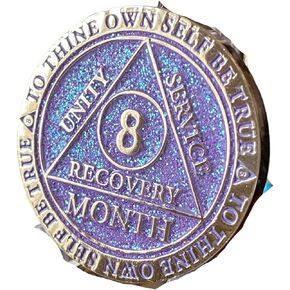 8 Month AA Medallion Reflex Lavender Purple Glitter Gold Plated Sobriety Chip